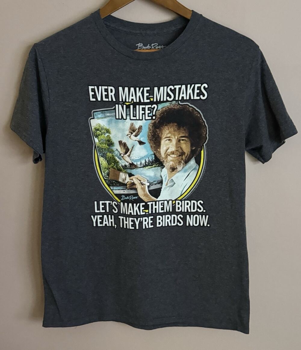 Bob Ross Women's Heather Gray Mistakes and Birds Graphic T-shirt Size M